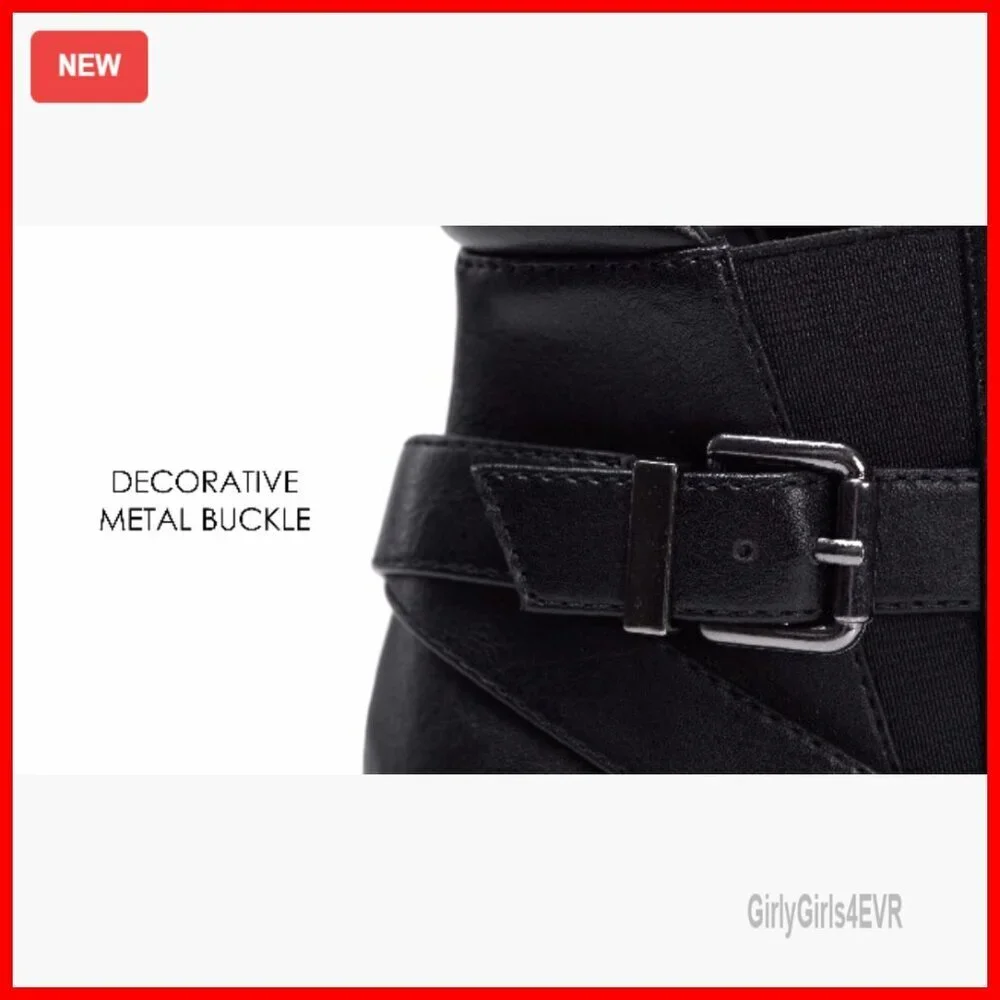 Women's Wedge Ankle Boots Low Heel Booties Buckle Strap Zipper Closure